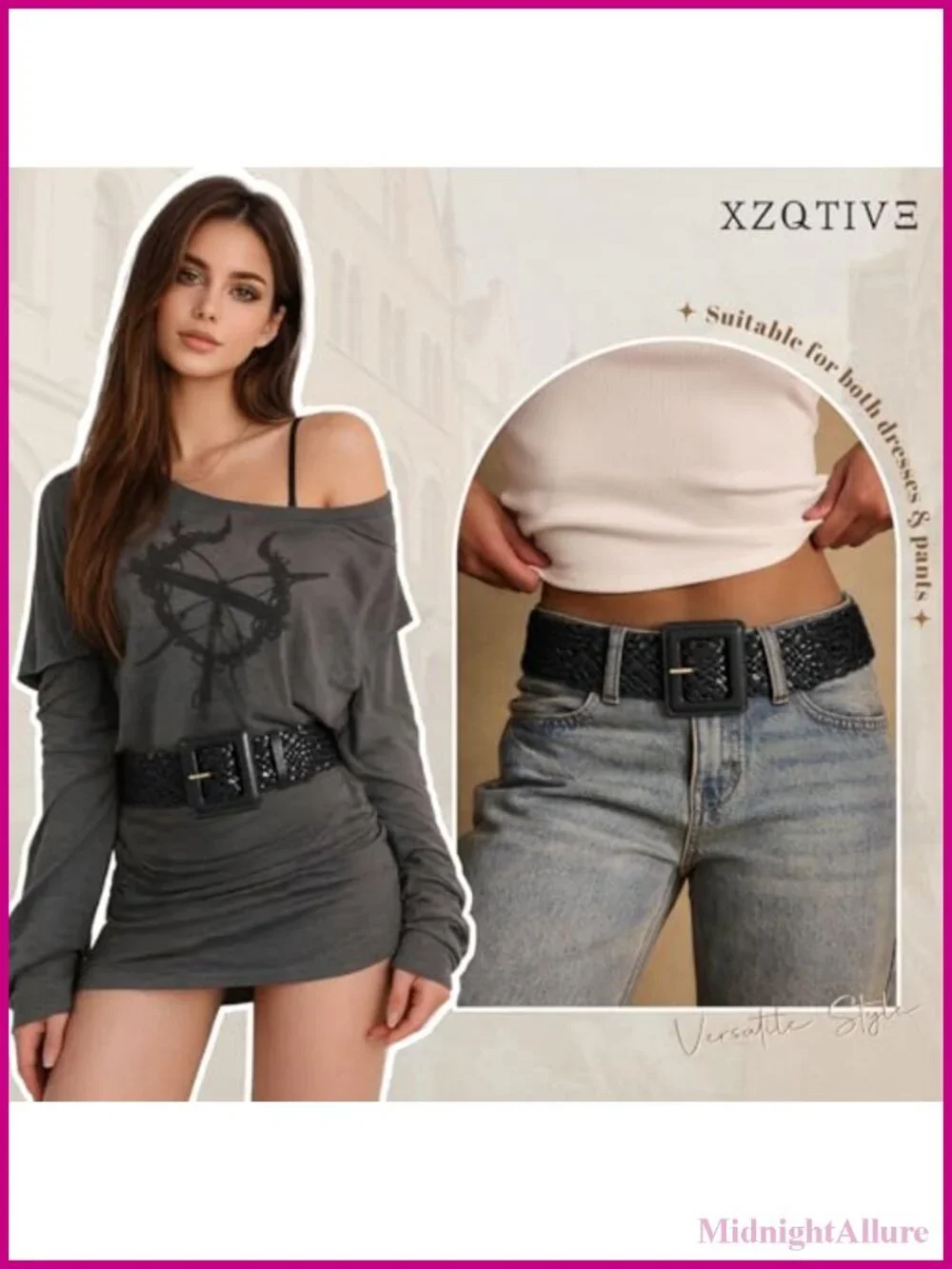 Wide Braided Leather Belt with Square Buckle, Adjustable Fit for Dresses